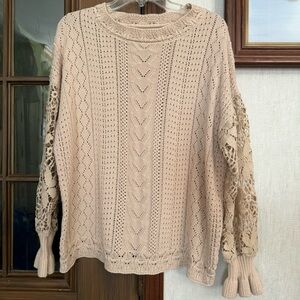 Beige Knit Sweater with Lace Sleeves